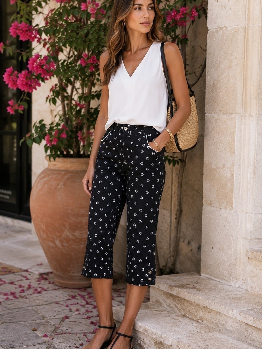 Capri Pants Stretch Black White Golf Ball Print Preppy Resort Sz 10 Vacation